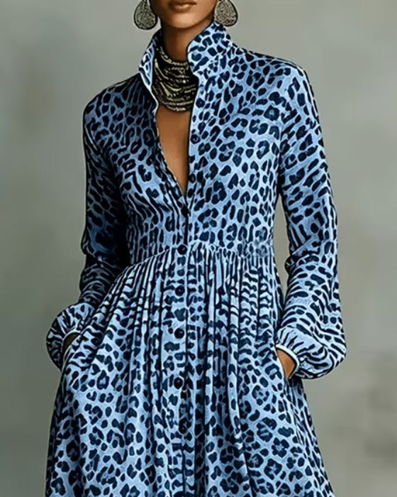 Robe Chemisier Léopard Col Longue