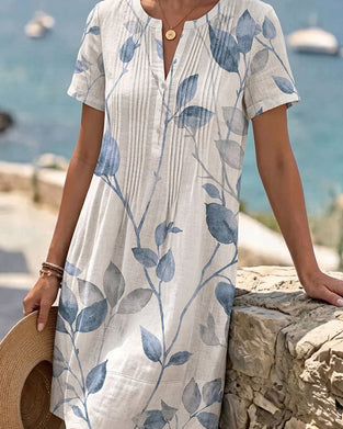 Robe Froncée Imprimé Feuille Manches Courtes Mini