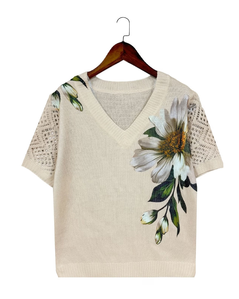 Pull-Over Col En V Tricoté Fleuri