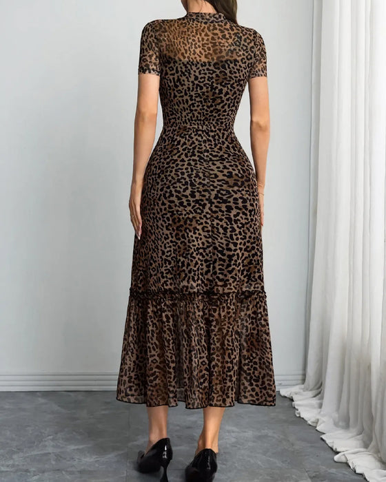 Robe Léopard Col Mock Mesh Midi