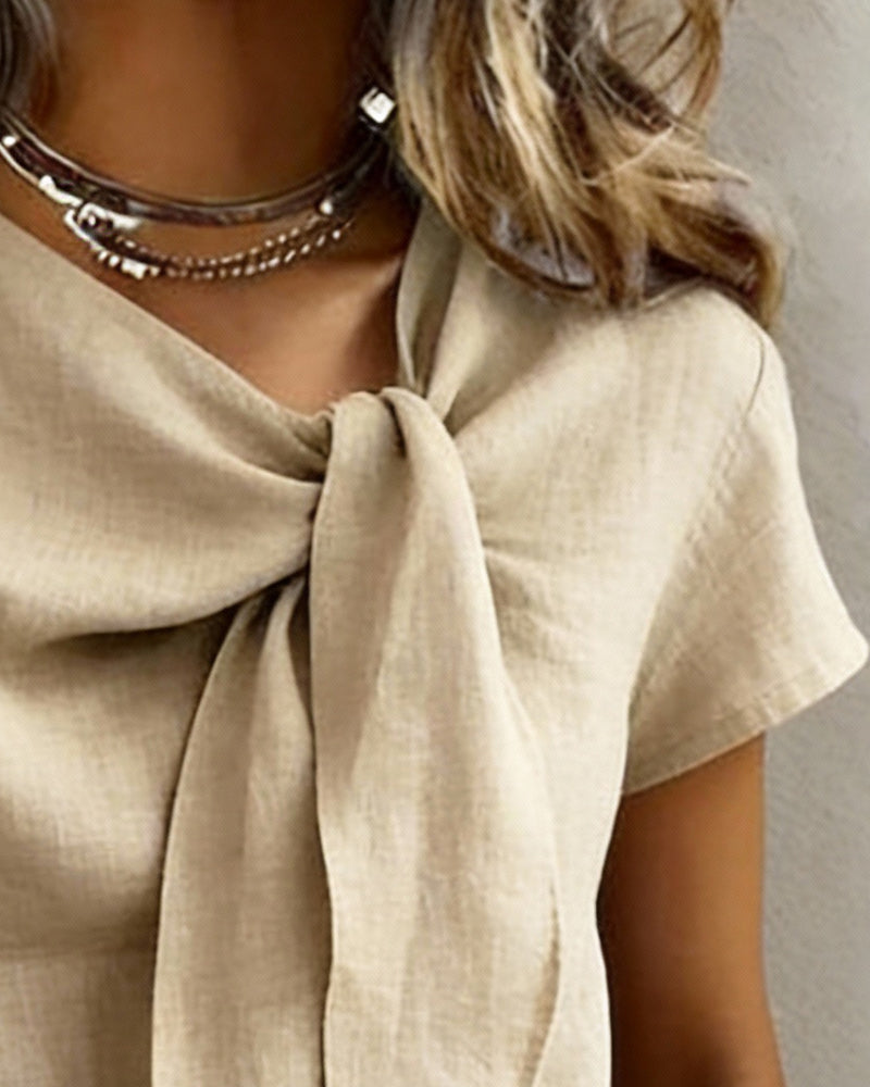 Blouson Mix Lin Encolure En V Manches Courtes Décontracté