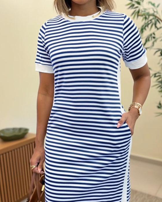 Robe Col Rond Rayé Bloc De Couleur Ajustée