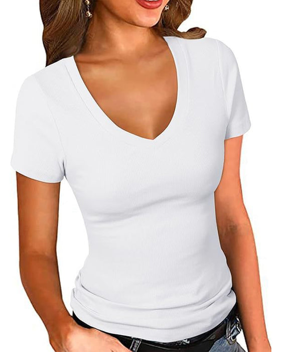 T-Shirt Côtes Slim Fit Col En V Manches Courtes