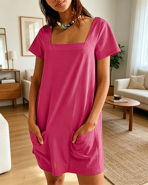 Robe Col Carré Manches Courtes Poche