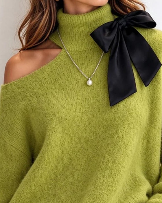 Pull Col Roulé Nœud Épaules Dénudées Dentelle Patchwork