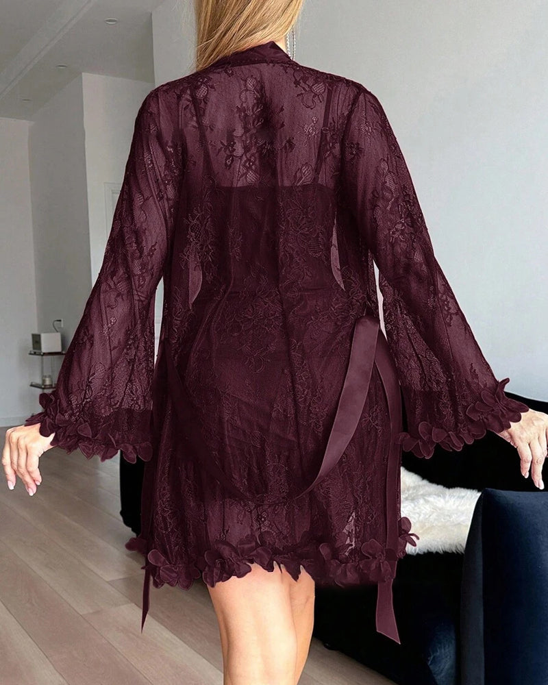 Robe Dentelle Cache-Cœur Bretelles Spaghetti Bordure Dentelle Pyjama