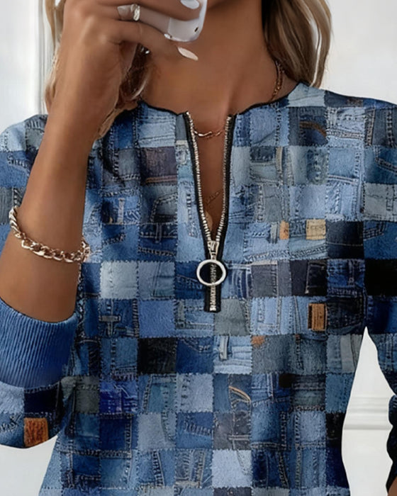 Mid-Length Checkered Print Zip-Neck Sweatshirt