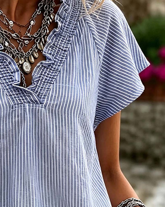 Blouse Col V Rayure Volant