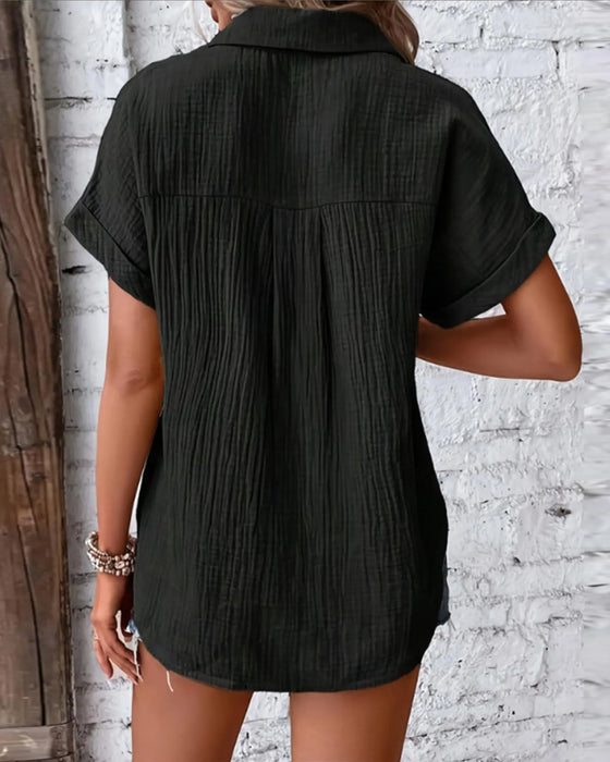 Chemise Texture Plissée Manche Courte Revers