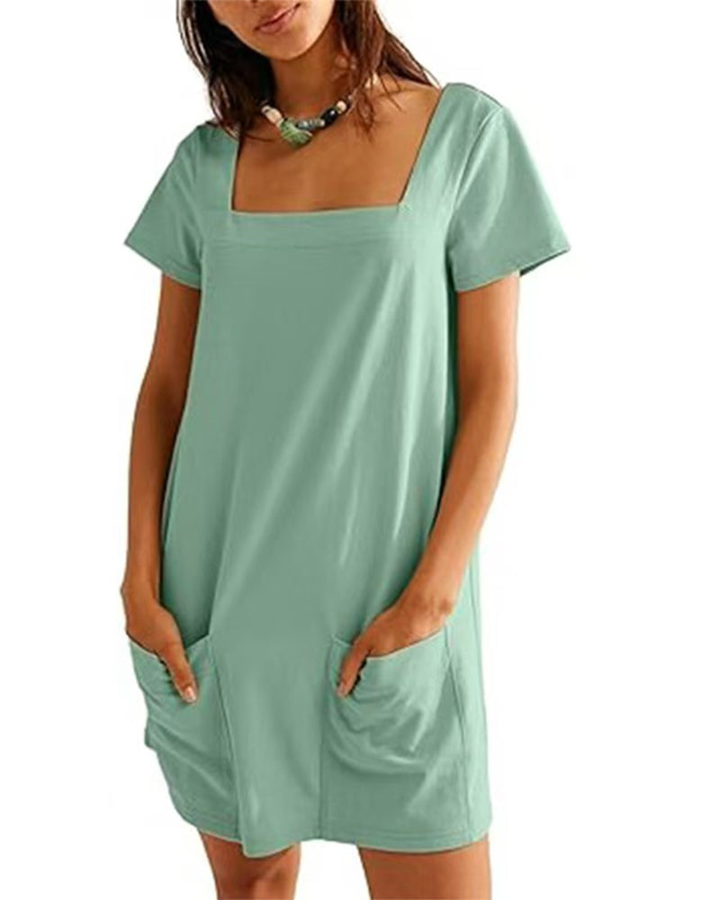 Robe Col Carré Manches Courtes Poche