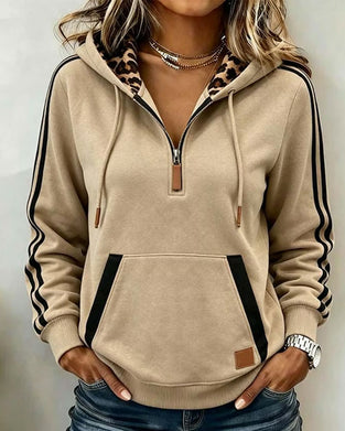 Sweat À Capuche Demi-Zip Imprimé Léopard