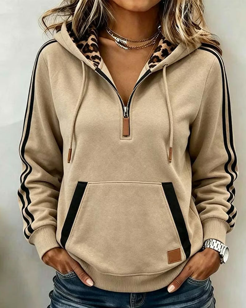Sweat À Capuche Demi-Zip Imprimé Léopard