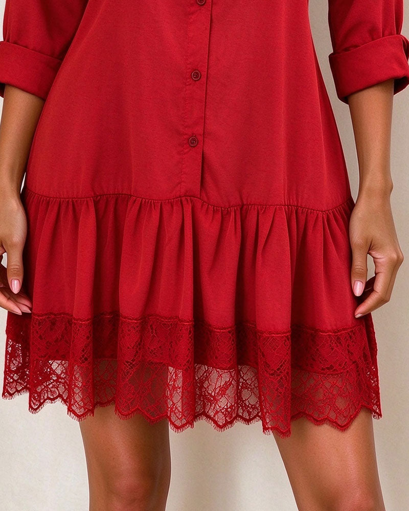 Robe Col Montant Patchwork Bordure En Dentelle