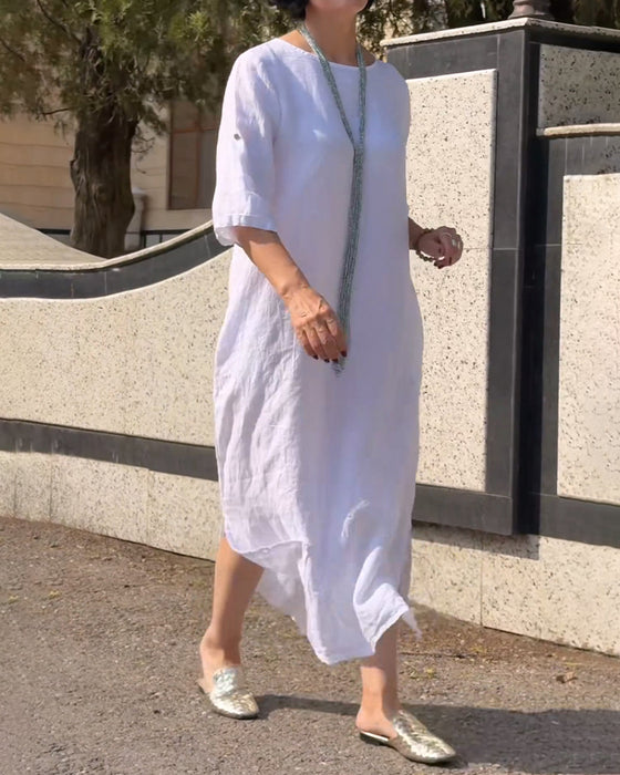 Robe Col Rond Unie Manche Coude Lâche