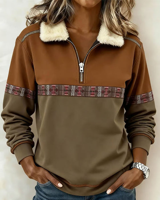 Sweatshirt Polaire Bloc de Couleur Demi-Fermeture Éclair