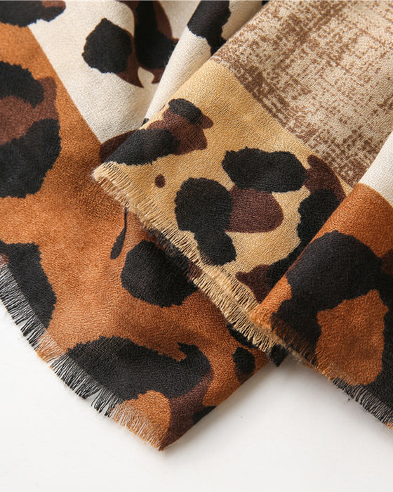 Écharpe Femme Léopard Patchwork Imprimé Franges Châle
