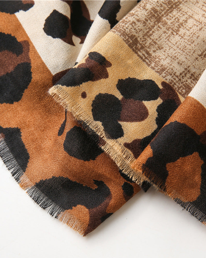 Écharpe Femme Léopard Patchwork Imprimé Franges Châle