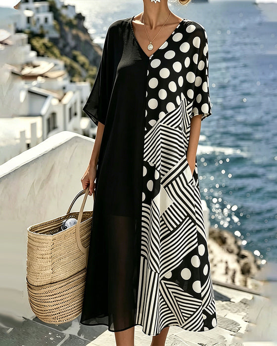 Robe Col V Polka Dot Rayure Patchwork