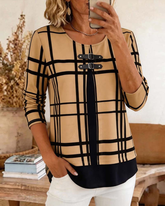 Blouse Carreau Imitation Deux Pièces Décontractée