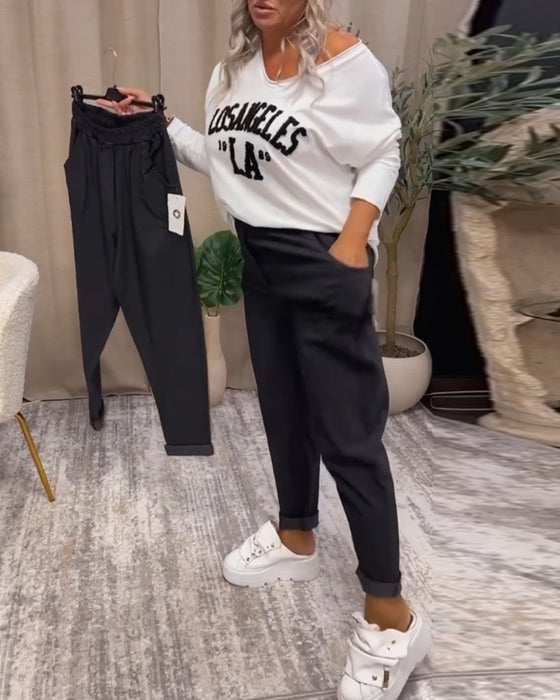 Sweat-shirt décontracté à col en V avec imprimé lettre