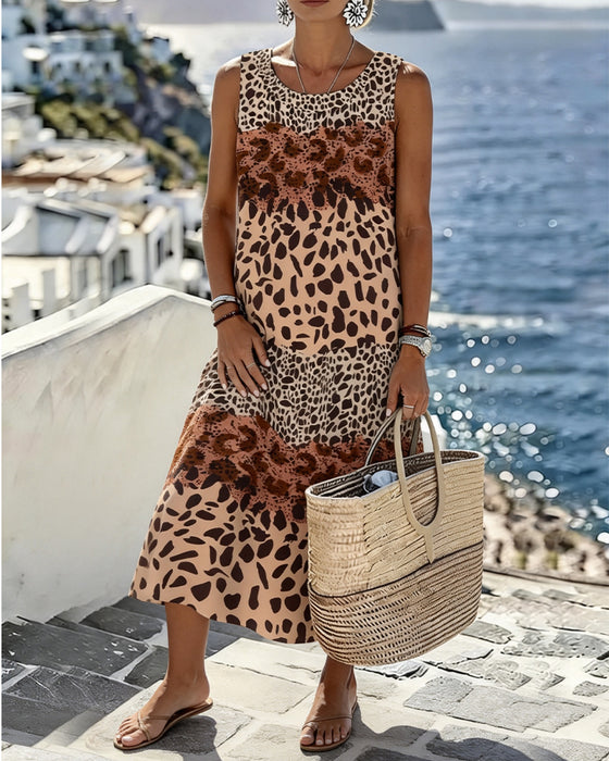 Robe Bloc De Couleur Léopard Imprimé Sans Manches Midi