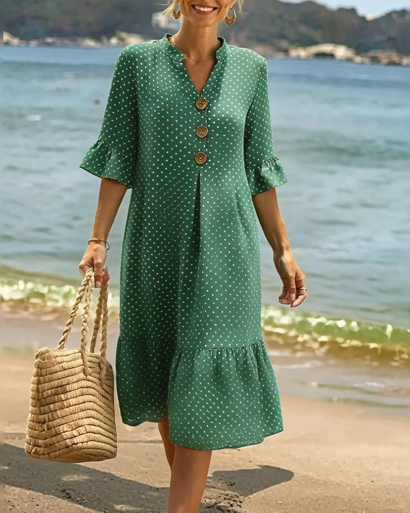 Robe Polka Dot Col V Volanté Manche