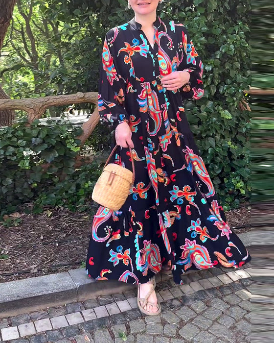 Robe patchwork à manches longues imprimée vintage