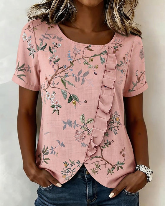 Blouse Col Rond Manches Courtes Volantée Florale