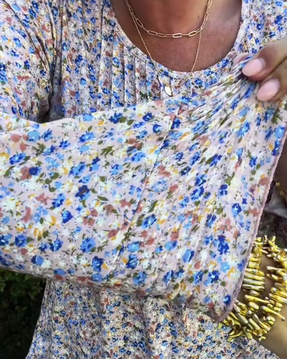 Haut À Manches Bouffantes Plissé Floral