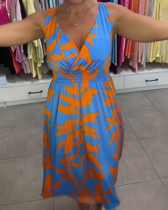 Robe Sans Manches Col En V Taille Élastique Croisé