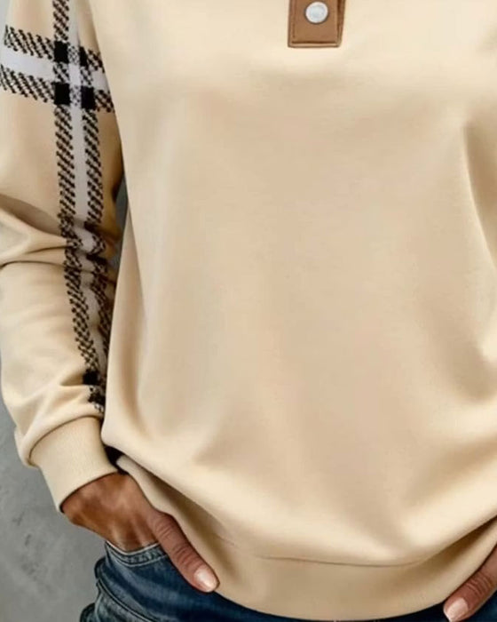 Sweatshirt Col Roulé Bouton Rayé Manches Longues