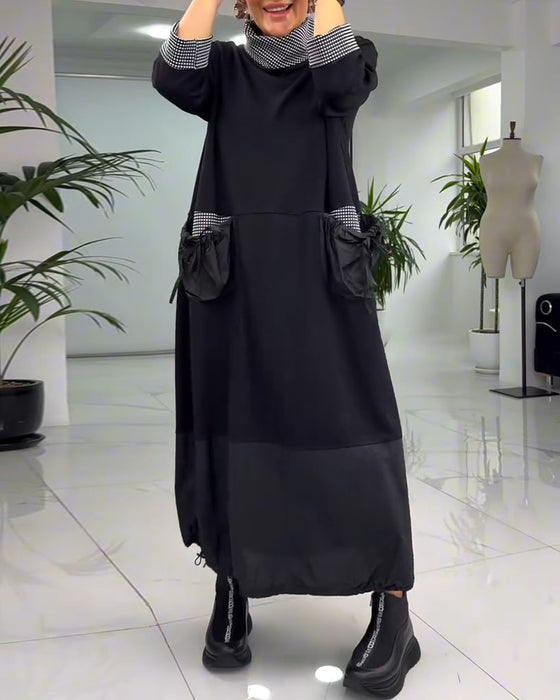 Robe patchwork à carreaux décontractée avec col montant et poche