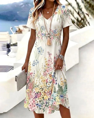 Robe Col V Florale Manche Courte A-Ligne