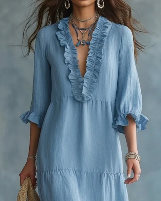 Robe Col En V Volant Superposé Longue