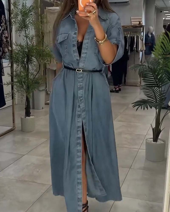 Robe Col Chemise Poche Bouton Denim
