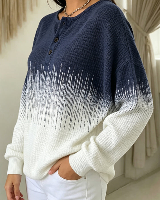 Sweatshirt Col Rond Bouton Tricot Gaufré Bloc De Couleur