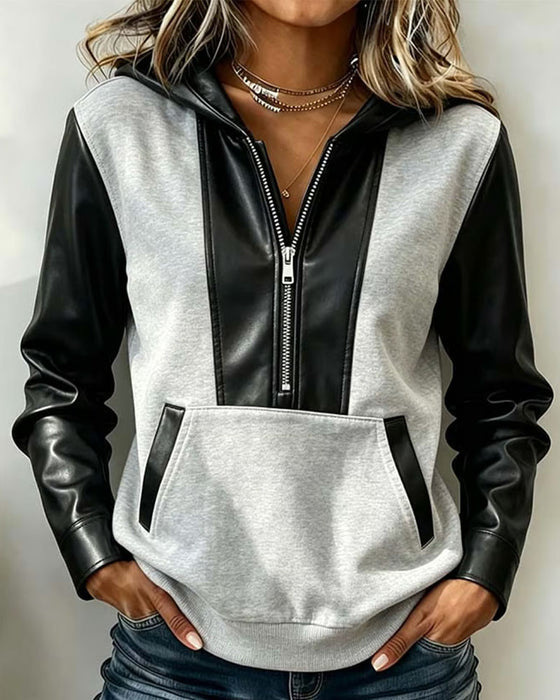 Hoodie Fermeture Éclair Poche Patchwork