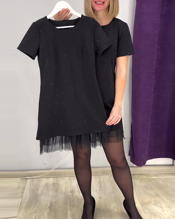 Robe À Manches Courtes En Patchwork De Strass