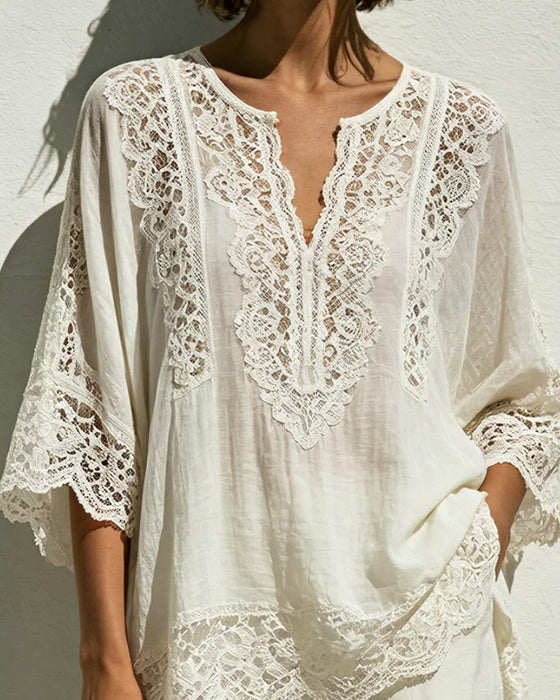 Blouse Unie À Col V En Dentelle