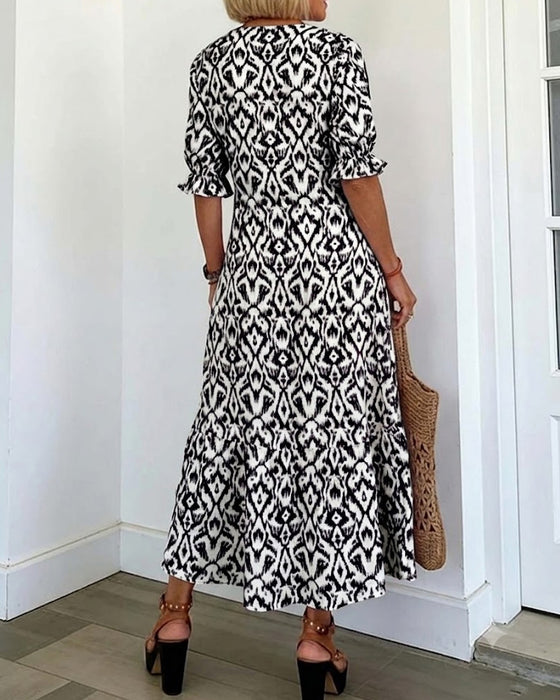 Robe Col En V Manches Mi-Longues Volant Coupe A