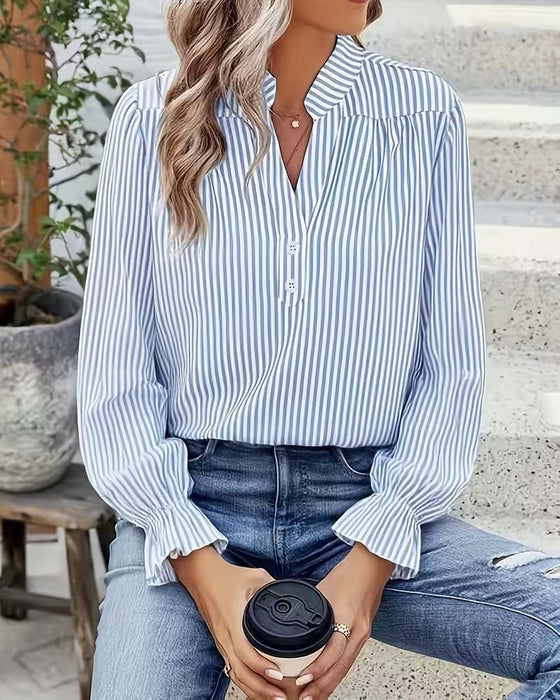 Blouse Boutonnée Col En V Rayée