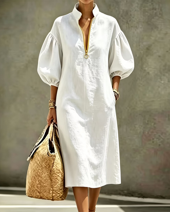 Robe Manches Lanterne Demi-Zip Chemise