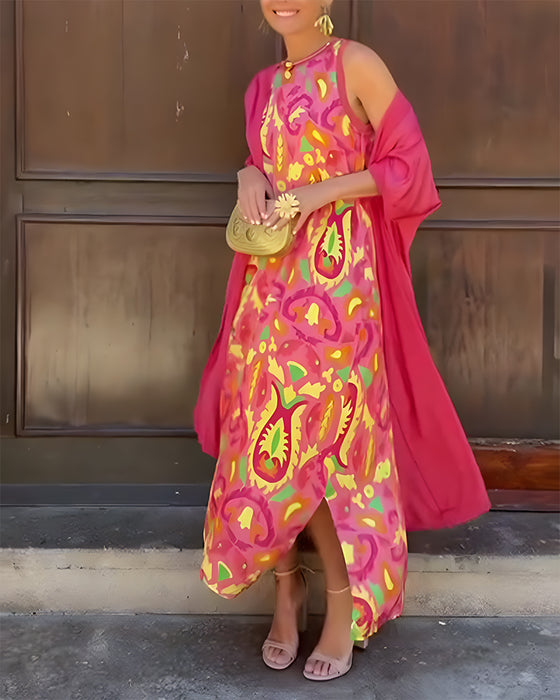 Ensemble Robe Longue Sans Manches Avec Long Cardigan