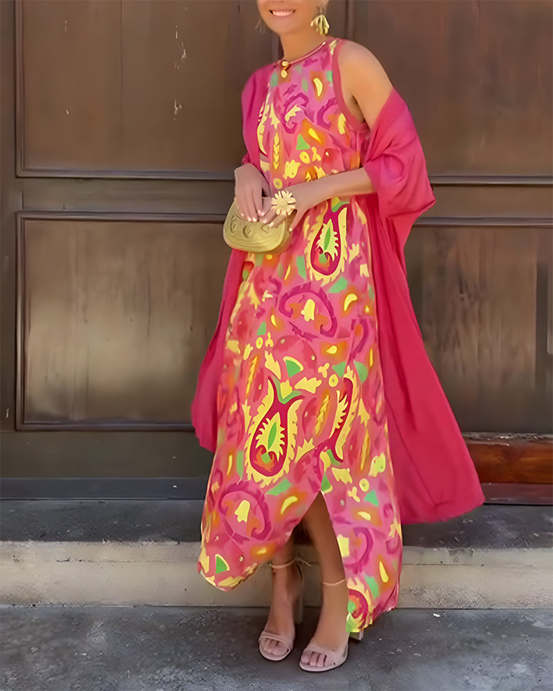 Ensemble Robe Longue Sans Manches Avec Long Cardigan