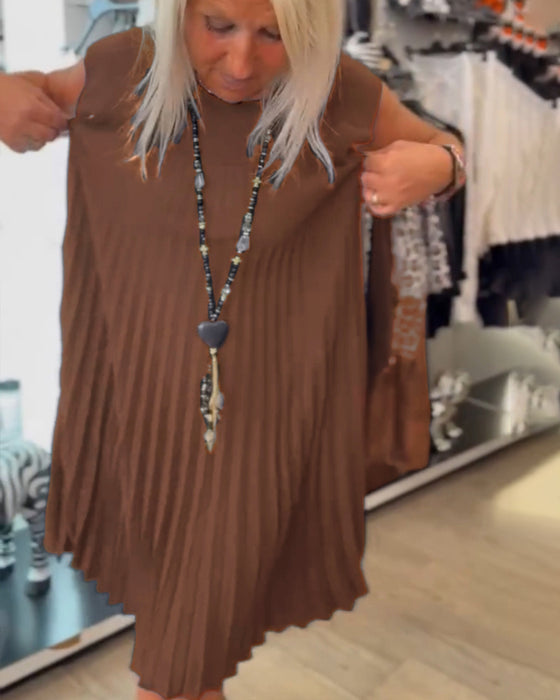 Robe décontractée plissée de couleur unie à col rond
