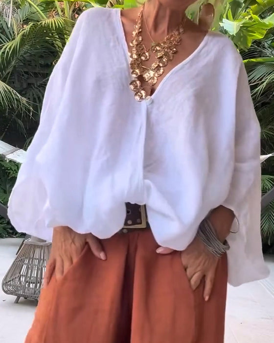Blouse Col En V Asymétrique Unie Décontractée