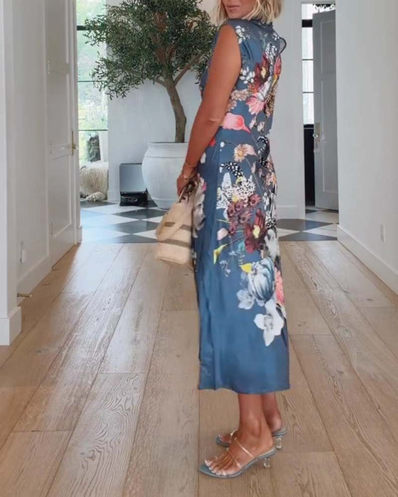 Robe Col Haut Sans Manches Florale Ajustée