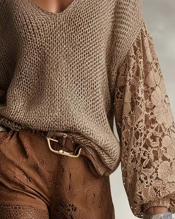 Pullover Dentelle Découpe Patchwork Manche Lanterne