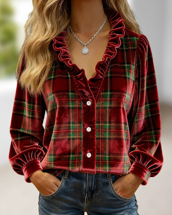 Top Avec Détails En Volants, Design à Col V Et Tissu En Velours
