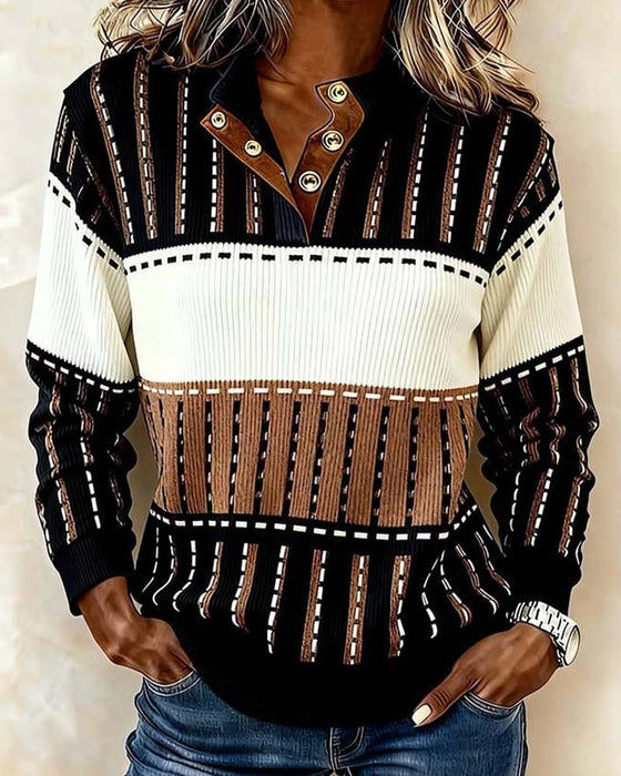 Sweat Bouton Bloc De Couleur Rayé Texture